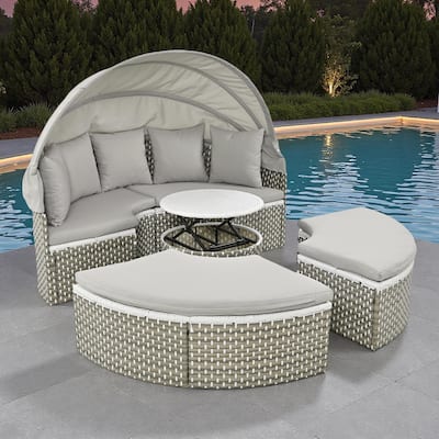 4-Pieces Outdoor Patio Rattan Round Daybed Sunbed with Retractable Canopy and Table