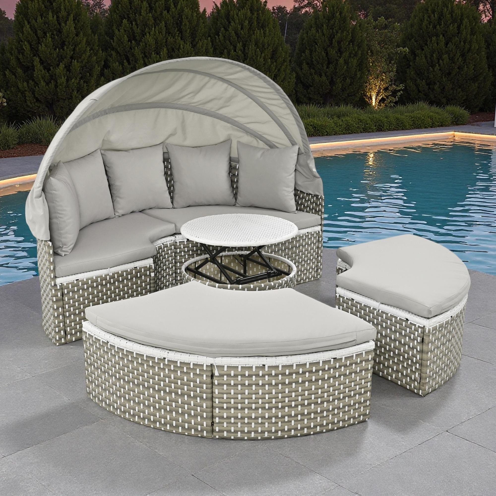 4-Pieces Outdoor Patio Rattan Round Daybed Sunbed with Retractable Canopy and Table