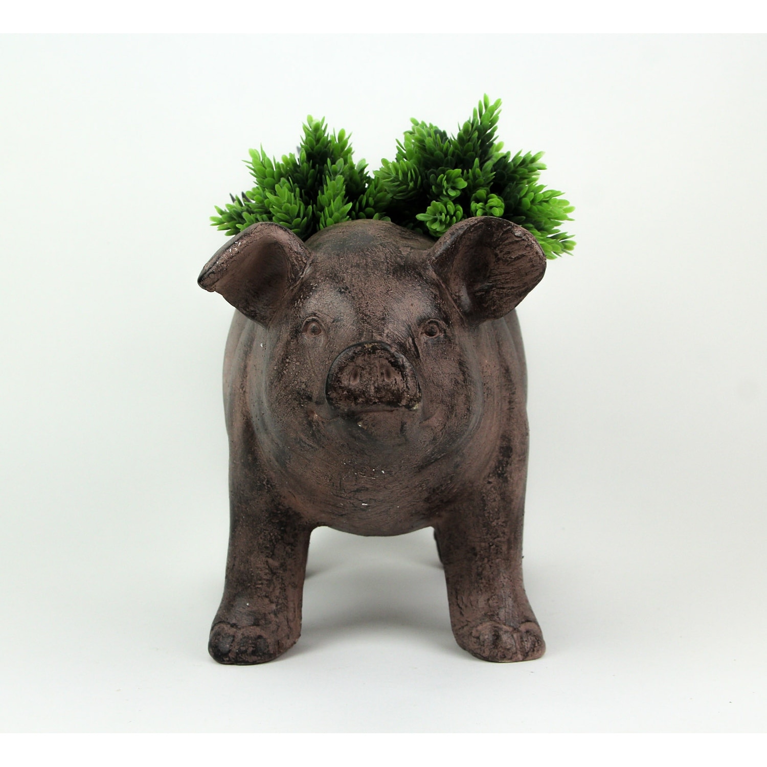 Zeckos 17 Inch Brown Finish Smiling Pig Resin Planter Plant Pot