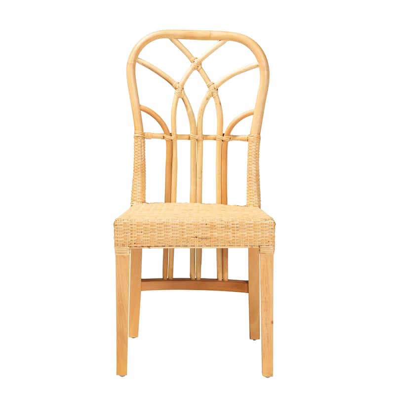 Monaco Modern Bohemian Oak Brown Finished Mahogany Wood and Natural Rattan Dining Chair