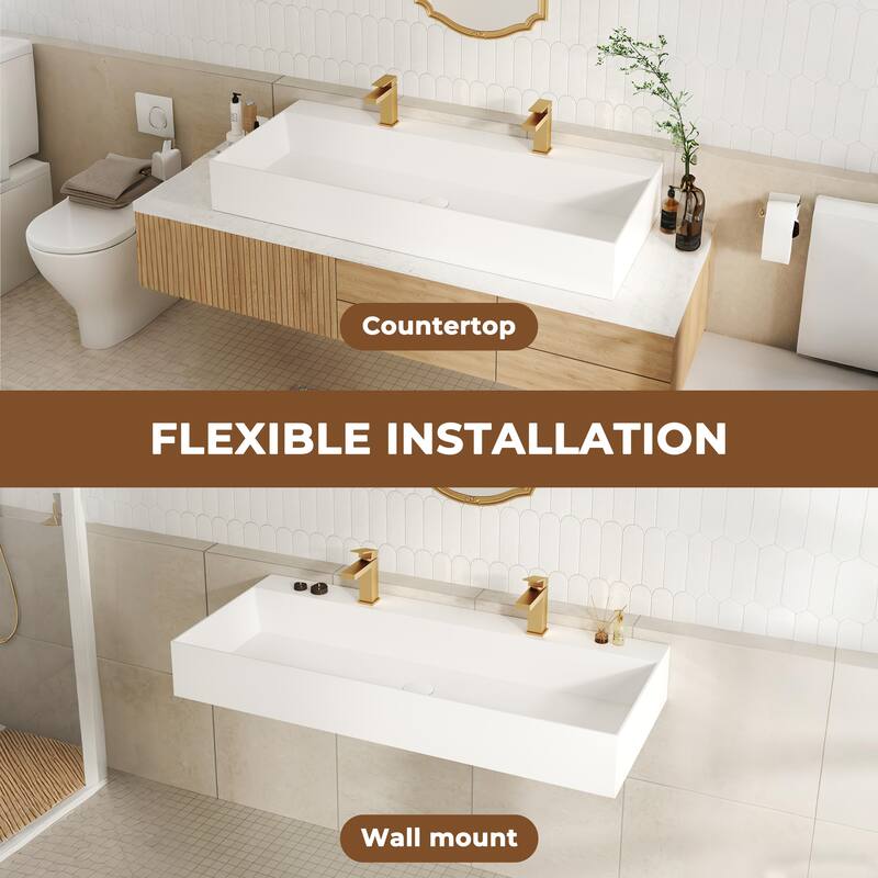 Solid Surface Wall-Mounted Rectangular Bathroom Sink with Pop-Up Drain, Modern Floating Wash Basin with Center Drain