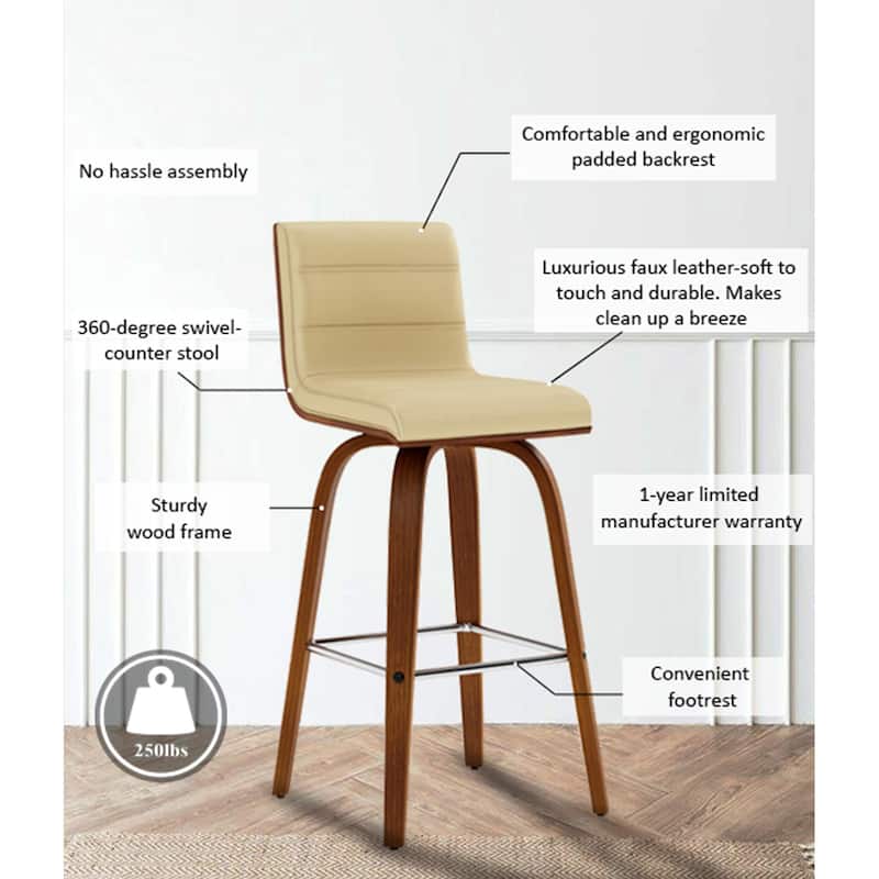 Skara Mid-Century Swivel Counter Stool, Upholstered Counter Height Chair with Bentwood Legs
