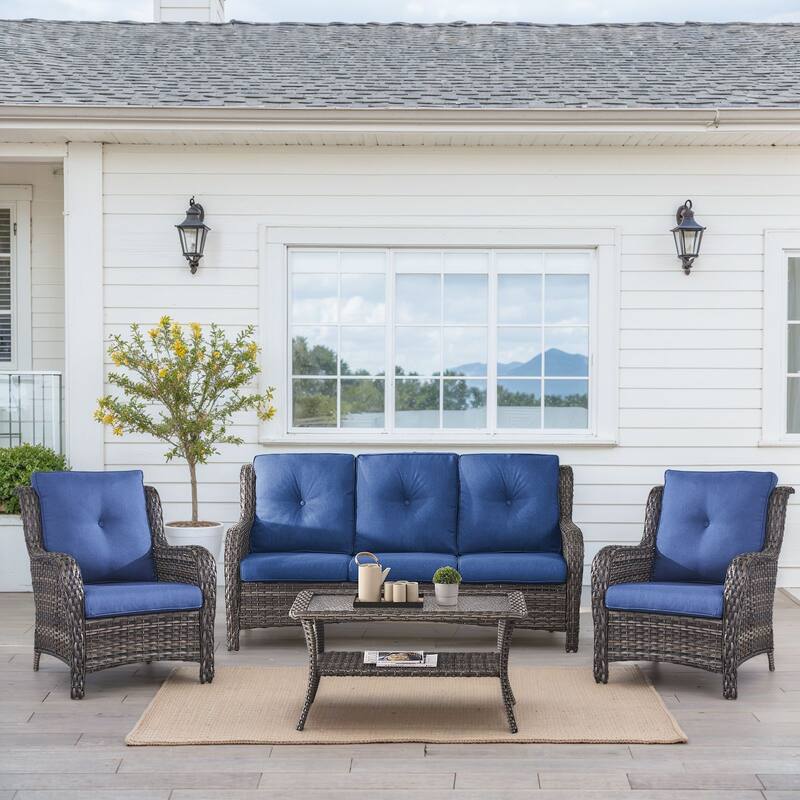 Outdoor Patio Chairs with Sofa Coffee Table - Grey - Blue