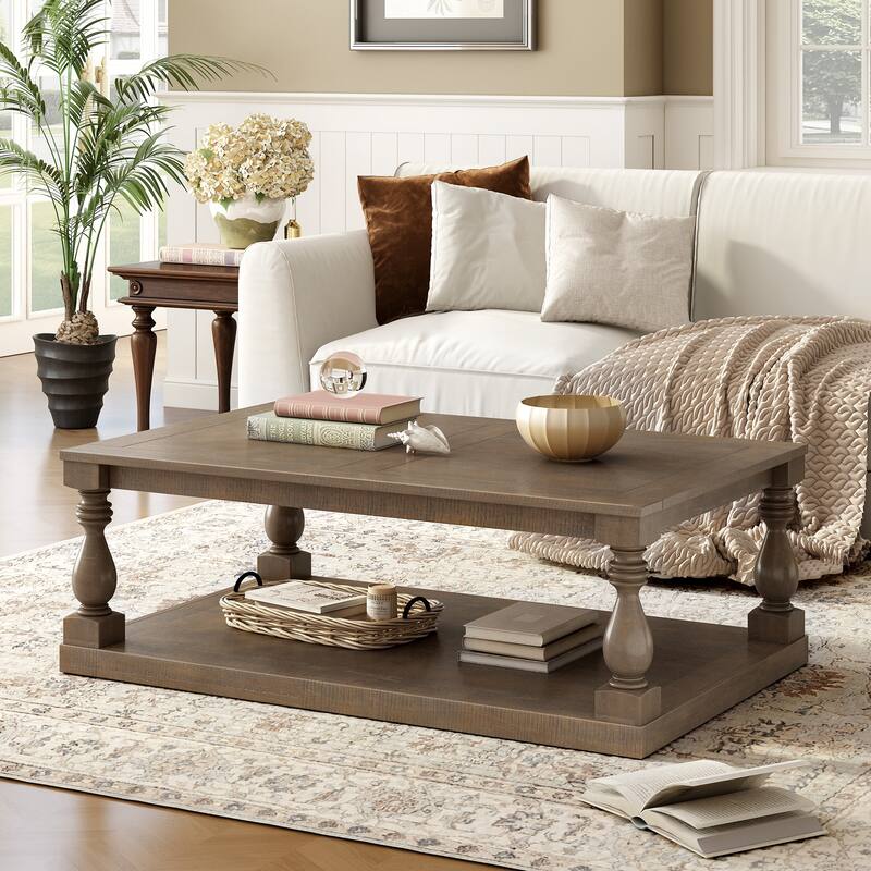 Vintage Coffee Table Featuring Artistic Vase Column Legs and Luxurious Pine Veneer for Timeless Charm - Brown
