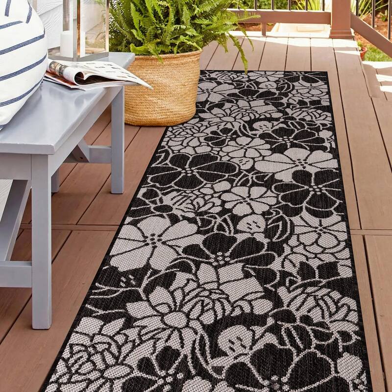 World Rug Gallery Modern Floral Flowers Textured Flat Weave Indoor/Outdoor Area Rug - 2'x7' Runner - Black