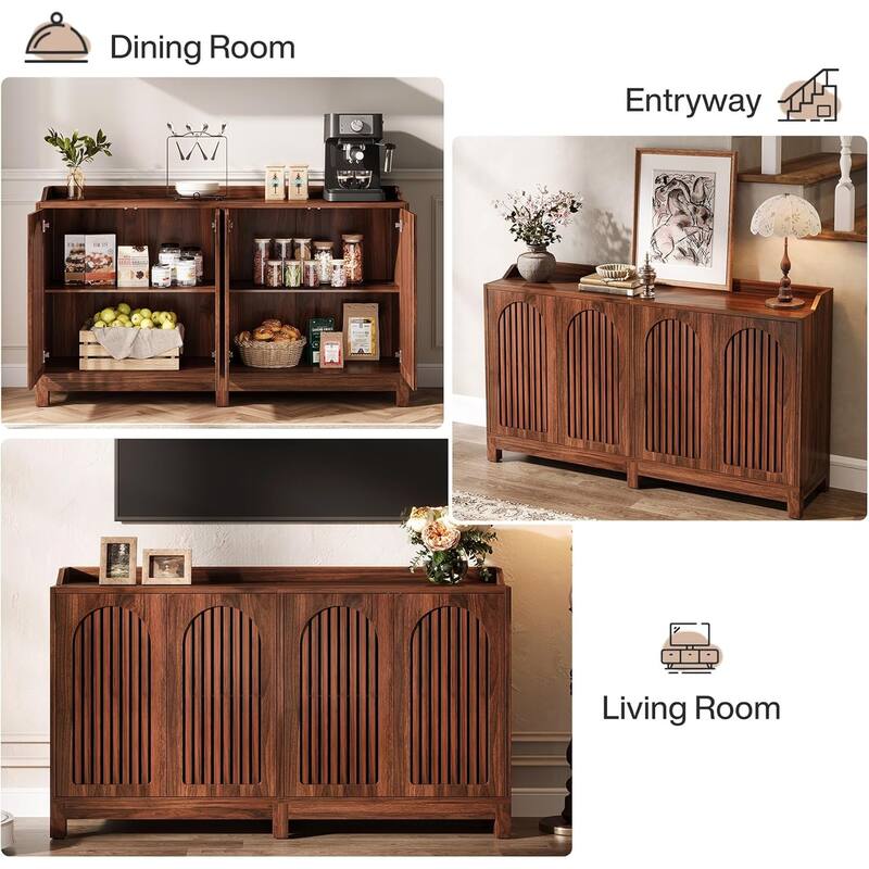 57" Kitchen Storage Cabinet with Vintage Shutter Doors and Adjustable Shelves Solid Wood Legs - 57" L x 13.8" W x 33.4" H