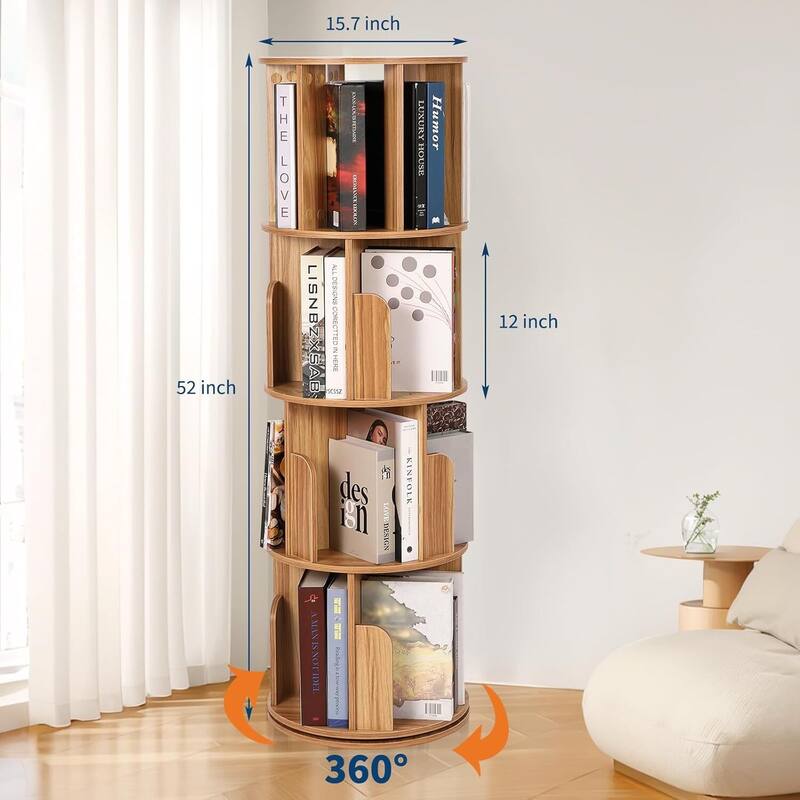 4 Tier 360° Rotating Space-Saving Natural Bookshelf - N/A
