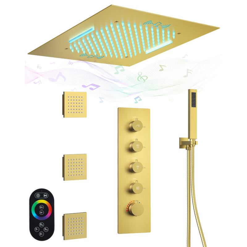 20" Thermostatic Shower System, 64-Color LED Mood Lighting 2-Functions Shower Head with Bluetooth Music & 3 Body Jets