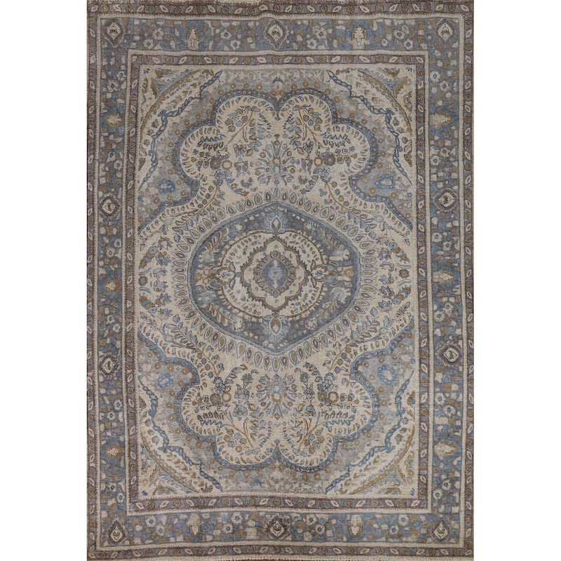 Tabriz Persian Area Rug Hand-Knotted Floral Beige Wool Carpet - 8'2"x 11'0"
