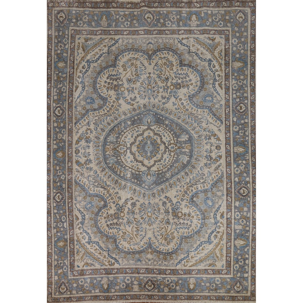 Tabriz Persian Area Rug Hand-Knotted Floral Beige Wool Carpet - 8'2"x 11'0"