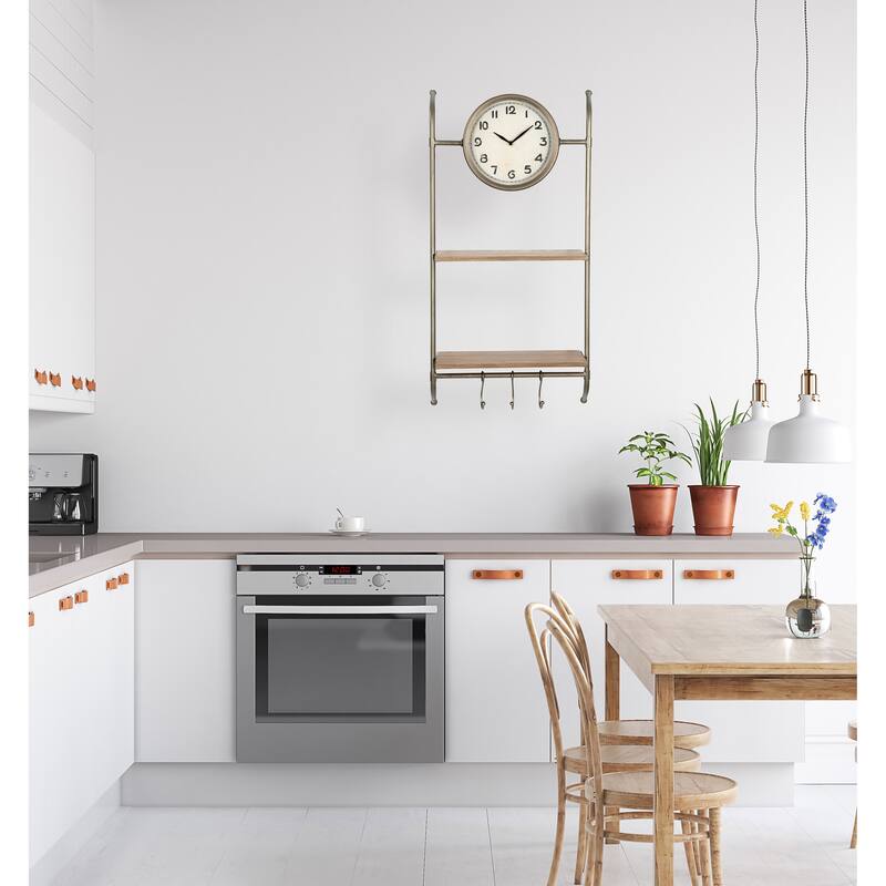 Wall Clock with Shelves and Hooks - Grey