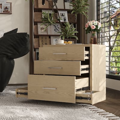 Chic Wooden 3-Drawer Nightstand: Wood Finish with Hidden Drawer for Secret Storage Bedside Table