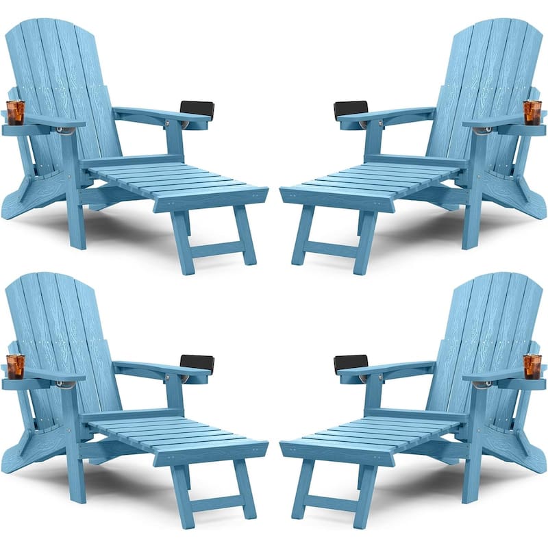 ZHUSI Folding Adjustable Adirondack Chair With Retractable Ottoman, Adirondack Chair With 2 Cup Holders, Outdoor Chairs For Porch Patio Lawn Balcony Weather Resistant (Black, 1 Pcs