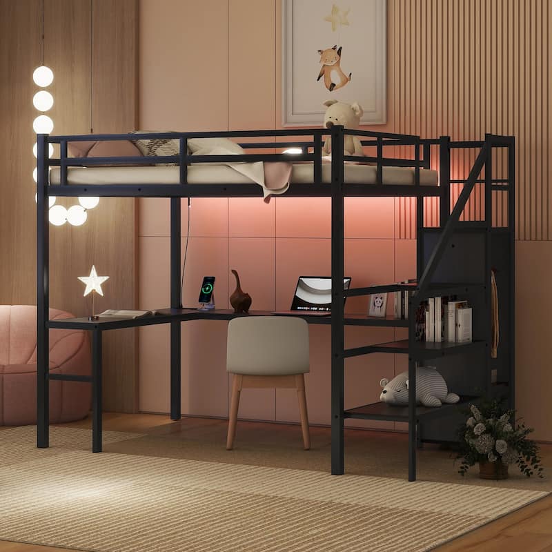 Full XL Size Metal Loft Bed with Wardrobe,Adjustable Shelf,L-shaped Desk and USB