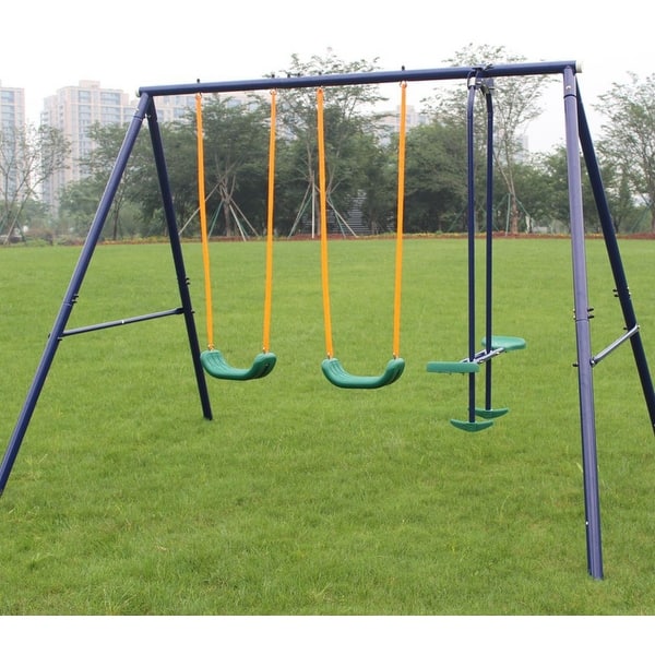 slide 2 of 9, Outdoor Backyard Metal Swing Activity Set with Glider for Kid Children Blue