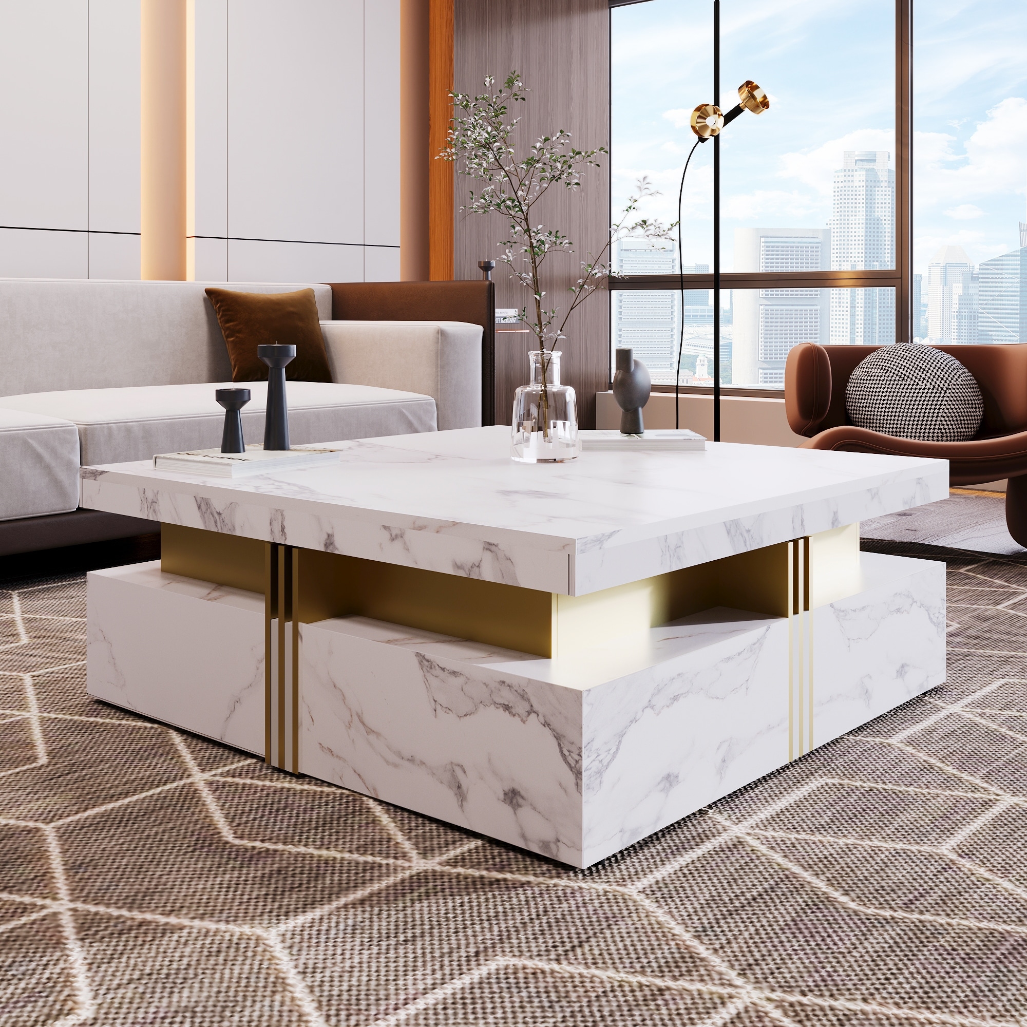 Modern Luxury Square Storage Coffee Table with 4 Drawers
