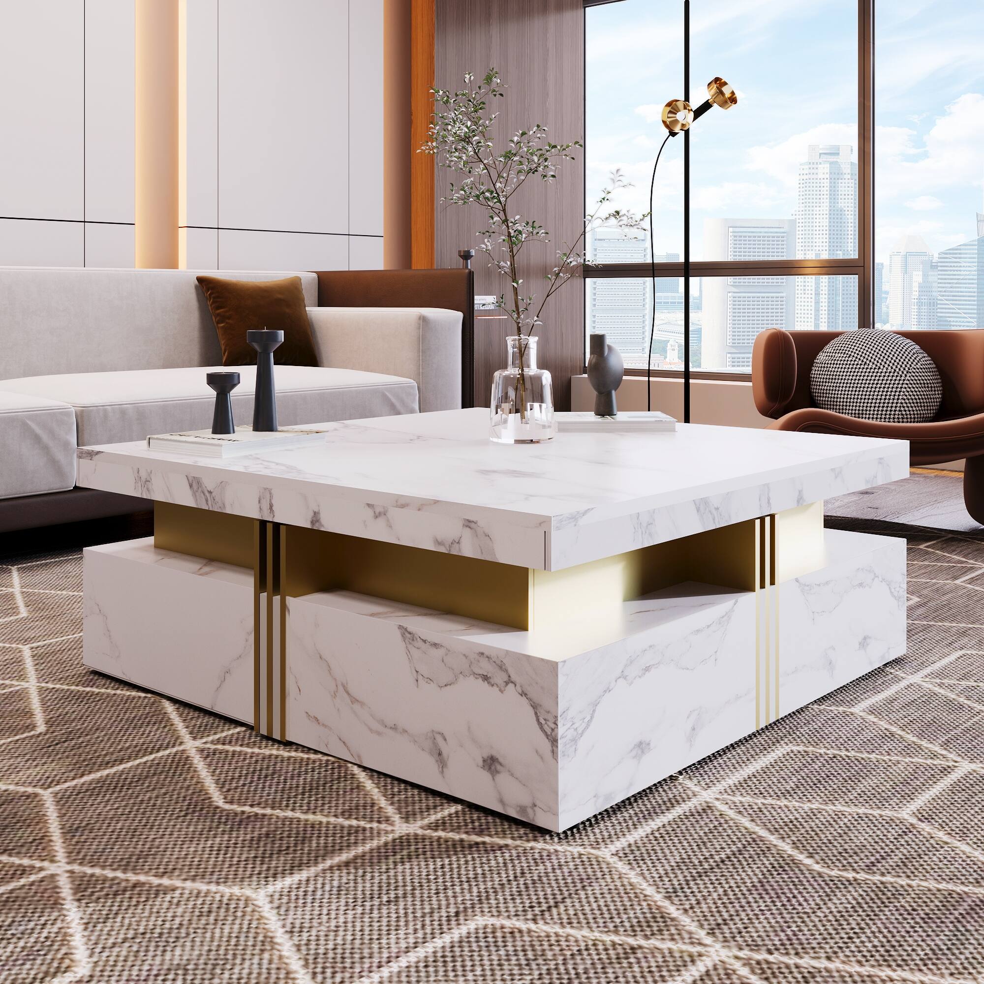 Modern White Square Storage Coffee Table with 4 Drawers Bed Bath