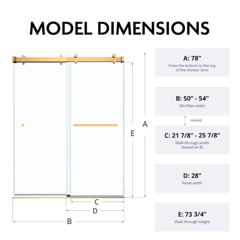 Glassic 50" - 54" W X 78" H Soft Closing Frameless Double Sliding Shower Doors with 3/8" Clear Tempered Glass