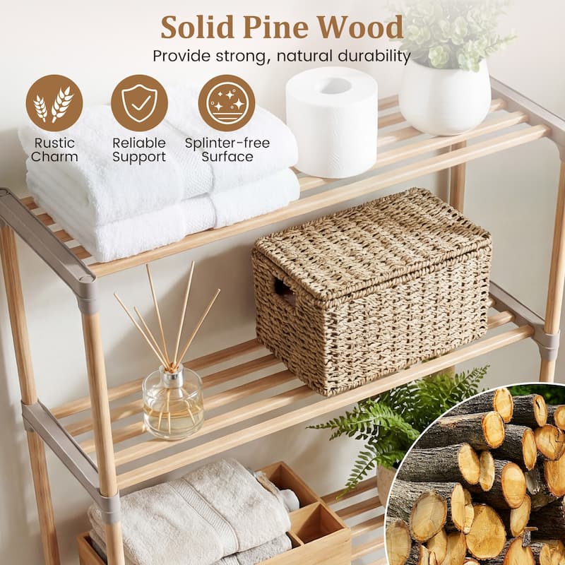 Gymax Over The Toilet Storage Rack 3-Tier Pine Wood Bathroom Organizer