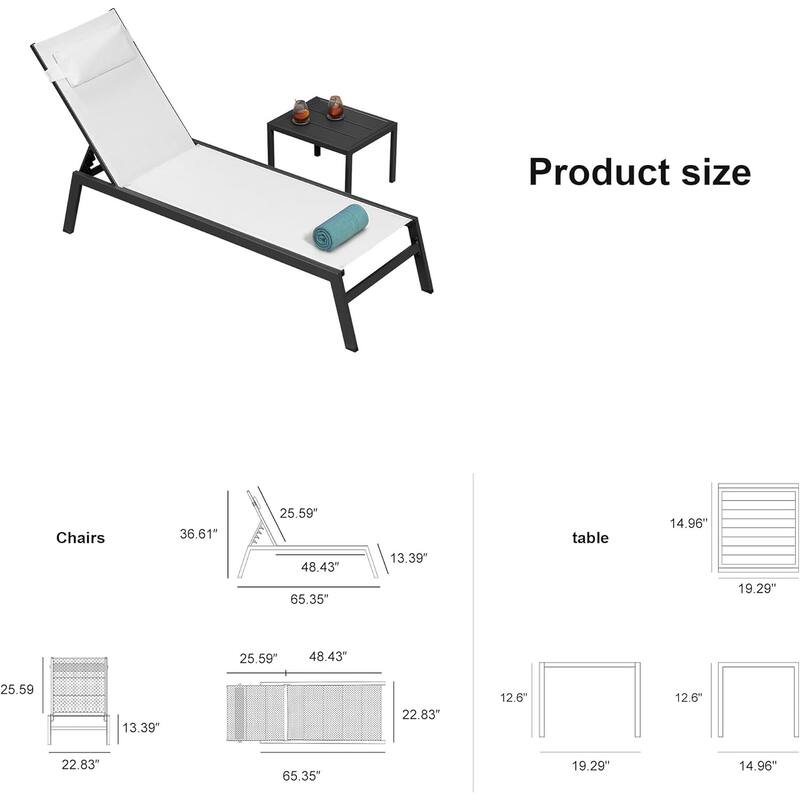 PURPLE LEAF Lounge Chair Set for Outside Aluminum Patio Recliner with Side Table and Pillow Beach Sunbathing Tanning Chairs