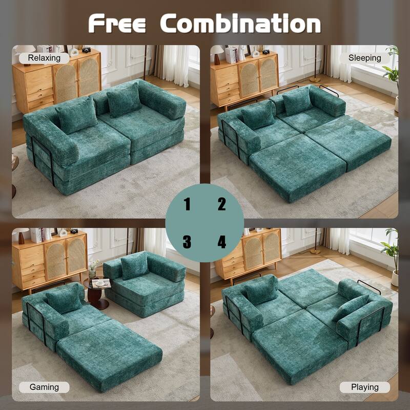 Convertible Floor Sofa Bed - Fixed Frame Chenille Loveseat, Modular Sectional, No Assembly Required
