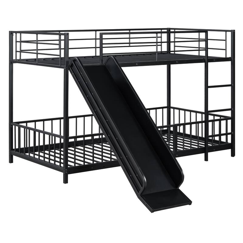 Twin over Twin Metal Bunk Bed with Slide, Guardrails, and Convertible Loft Design, Black