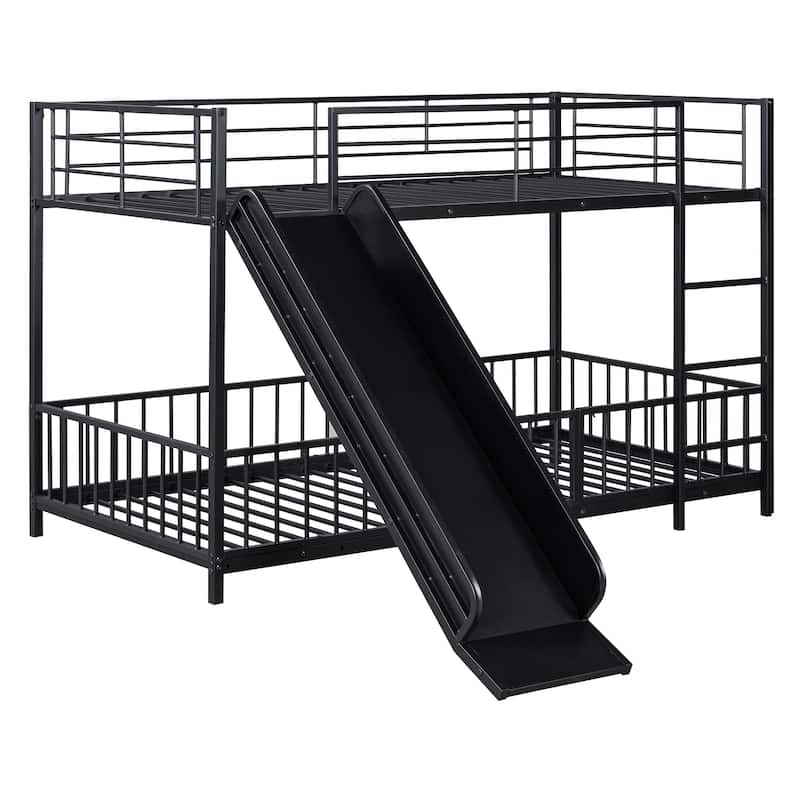 Twin over Twin Size Metal Bunk Bed with Slide and Guardrails for Kids, Boys and Girls, Bedroom