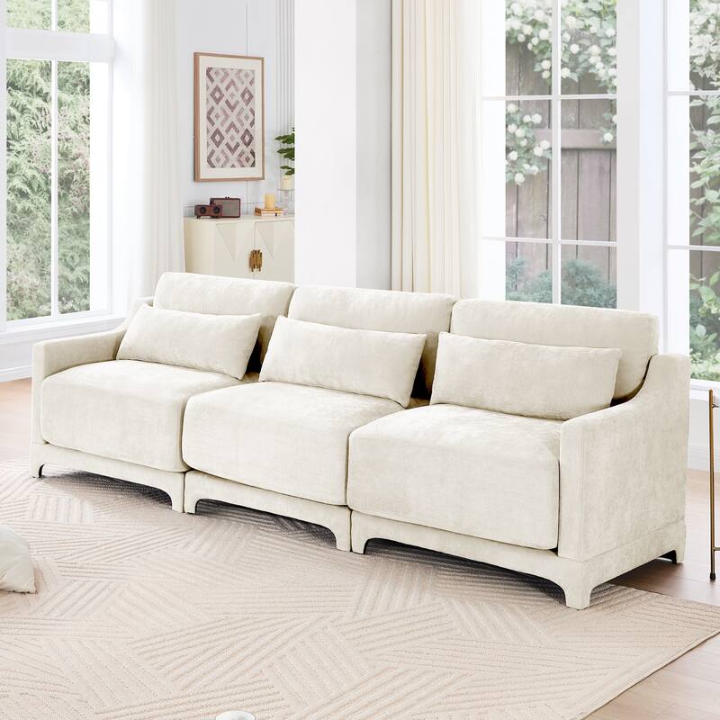 Chenille Upholstered Sofa with Lumbar Pillows - Beige(3 Seat)
