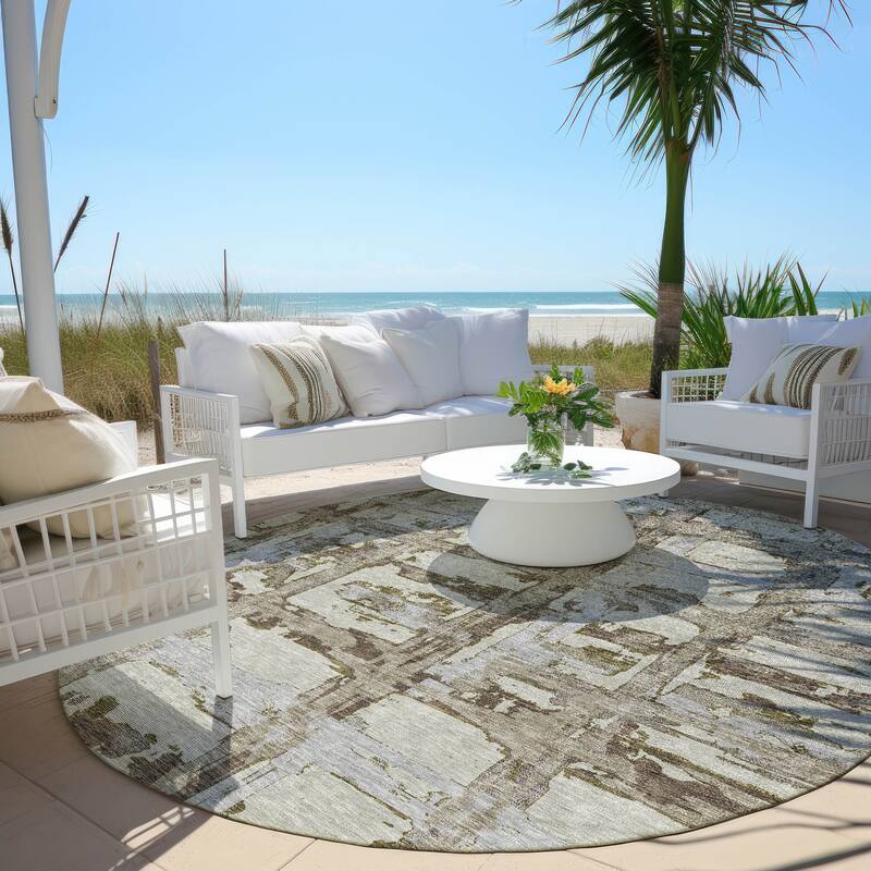 Machine Washable Indoor/ Outdoor Chantille Abstract Contemporary Rug - Taupe - 8' x 8'
