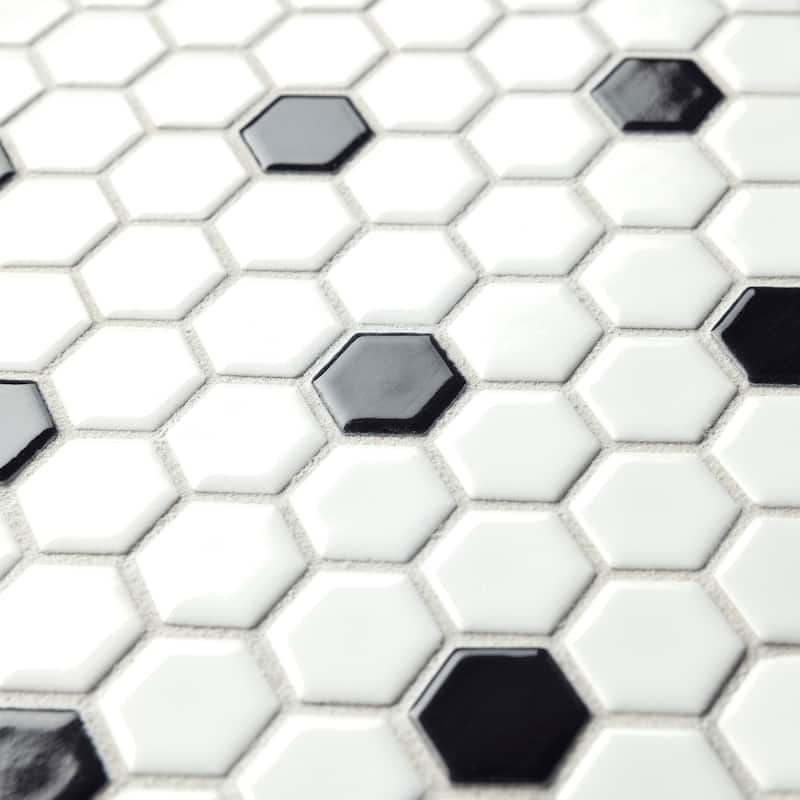 Merola Tile Metro 1" Hex Glossy White w/Black Dot 10-1/4" x 11-7/8" Porcelain Floor and Wall Tile