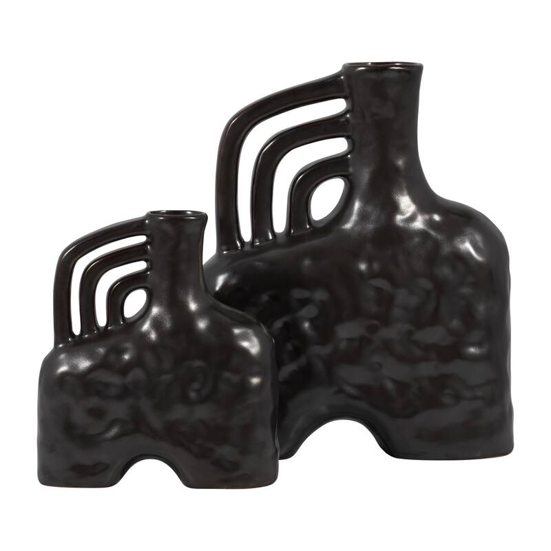 Ceramic Metallic Triple Handle Vase, Black, Novelty, Solid Color