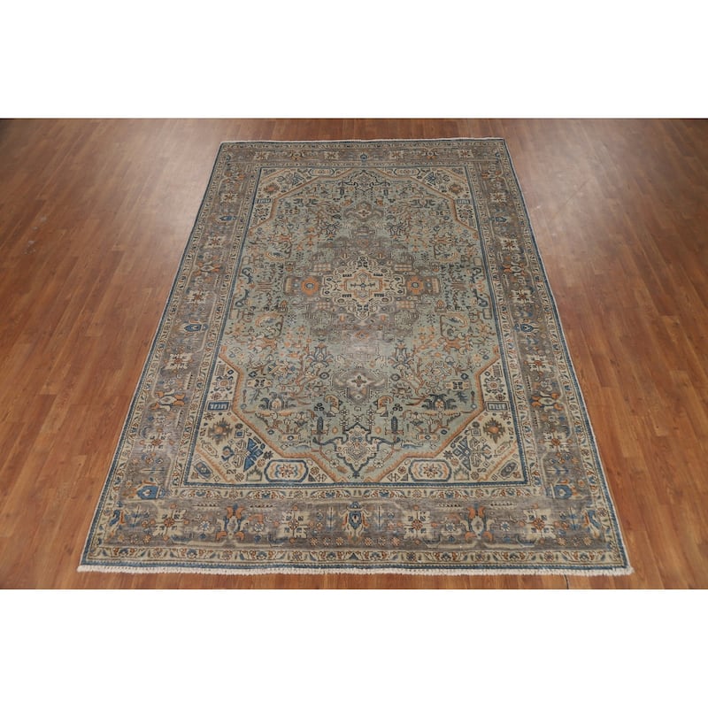 Green Geometric Tabriz Persian Area Rug Hand-Knotted Wool Carpet - 6'6"x 9'7"