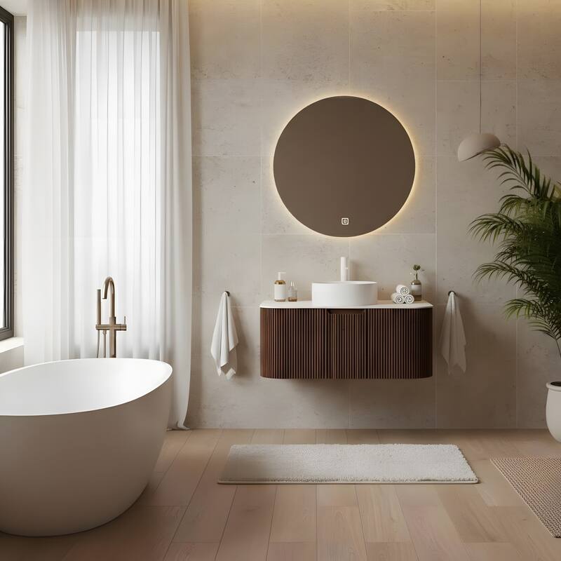 Wall Mounted Bathroom with White Round Ceramic Basin and Drawer - Dark Walnut - 36