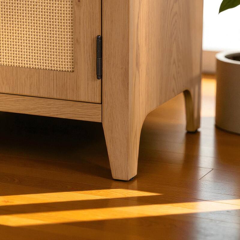 63" Arched Rattan Kitchen Pantry Cabinet with Doors, Adjustable Shelves & Wood Frame for Living or Dining Room