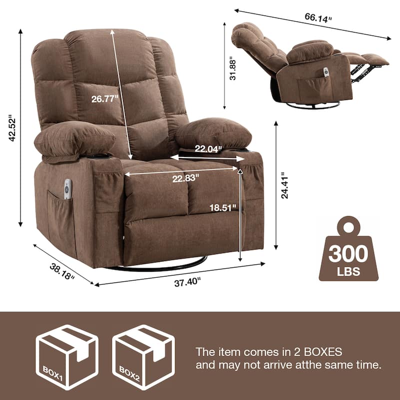 Oversized Linen Manual Rocker Recliner Chair with Massage and Heat, 2 Cup Holders, USB Charge Port