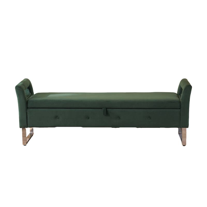 Velvet Storage Bench with Hidden Compartment, 275LB, Silver White Legs - Green