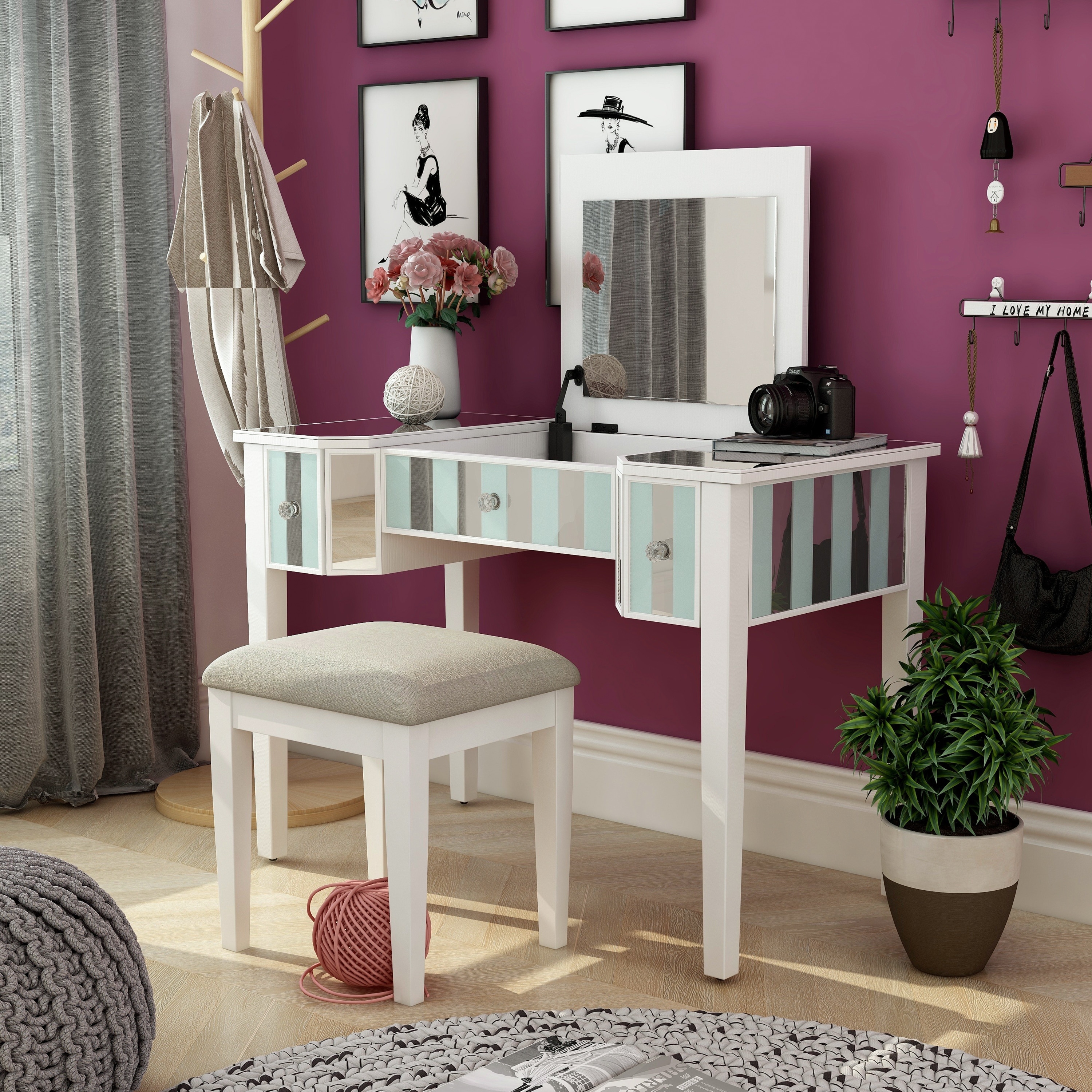 Shop Furniture Of America Gema Glam Linen Fabric 2 Piece Vanity Set On Sale Overstock 21689716