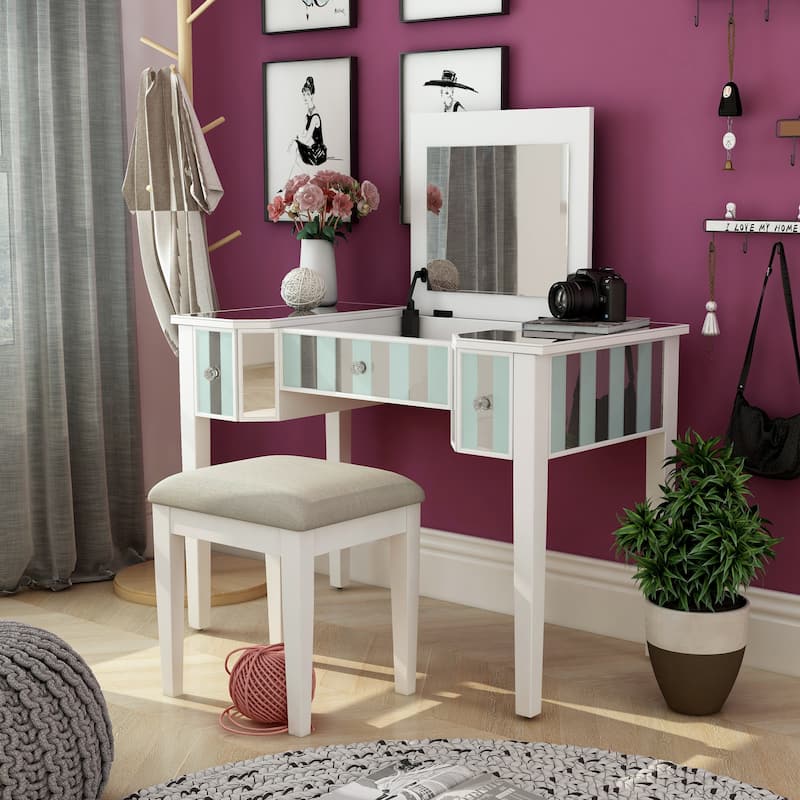 Furniture of America Gema Glam Linen Fabric 2-Piece Makeup Vanity Set with Mirror
