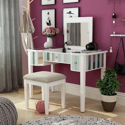 Furniture of America Gema Glam Linen Fabric 2-Piece Makeup Vanity Set with Mirror