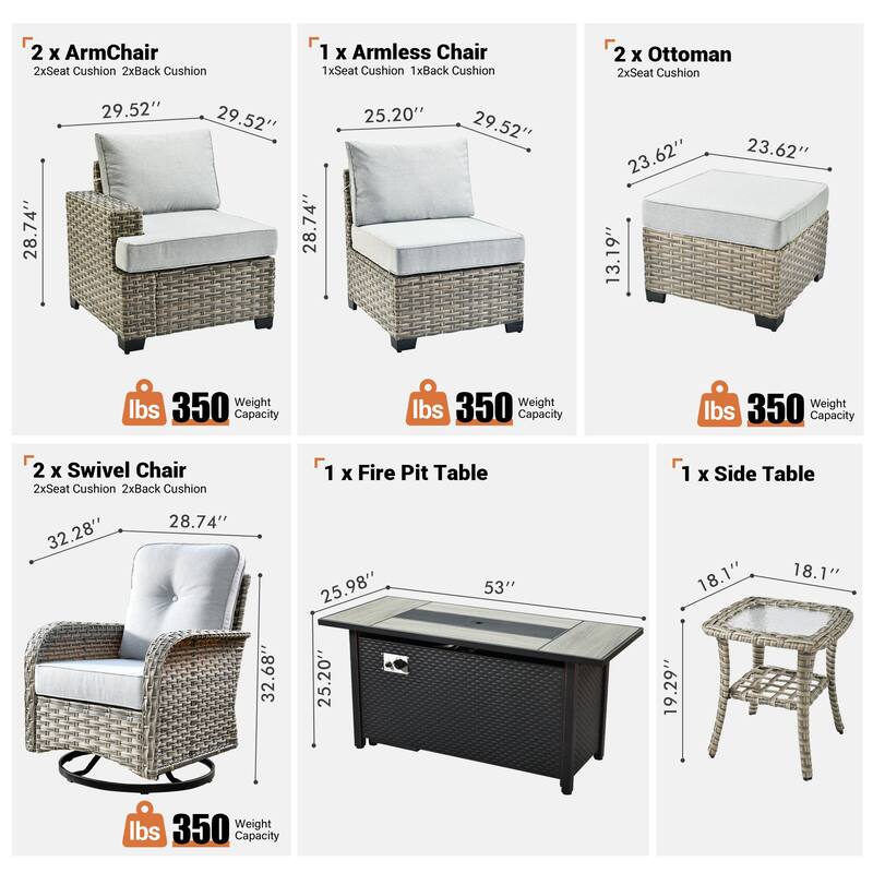 OVIOS 9 Pieces T shaped Seat Curved Swivel Chair Set With Fire Pit