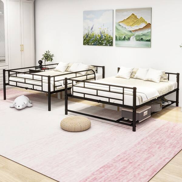 slide 2 of 11, Black Steel Full Bunk Bed with Under Bed Shelf, Guardrails and Ladder