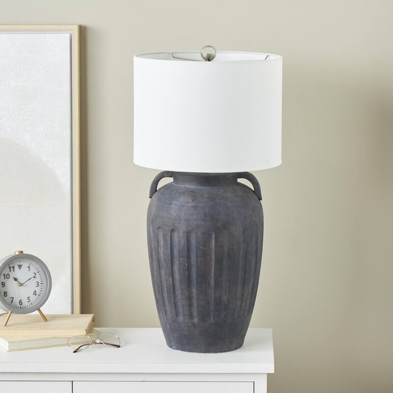 Ceramic Distressed Antique Style Pot Vase Room Table Lamp with Cream Linen Shade - Brown, Black, Cream - Roche River Decor