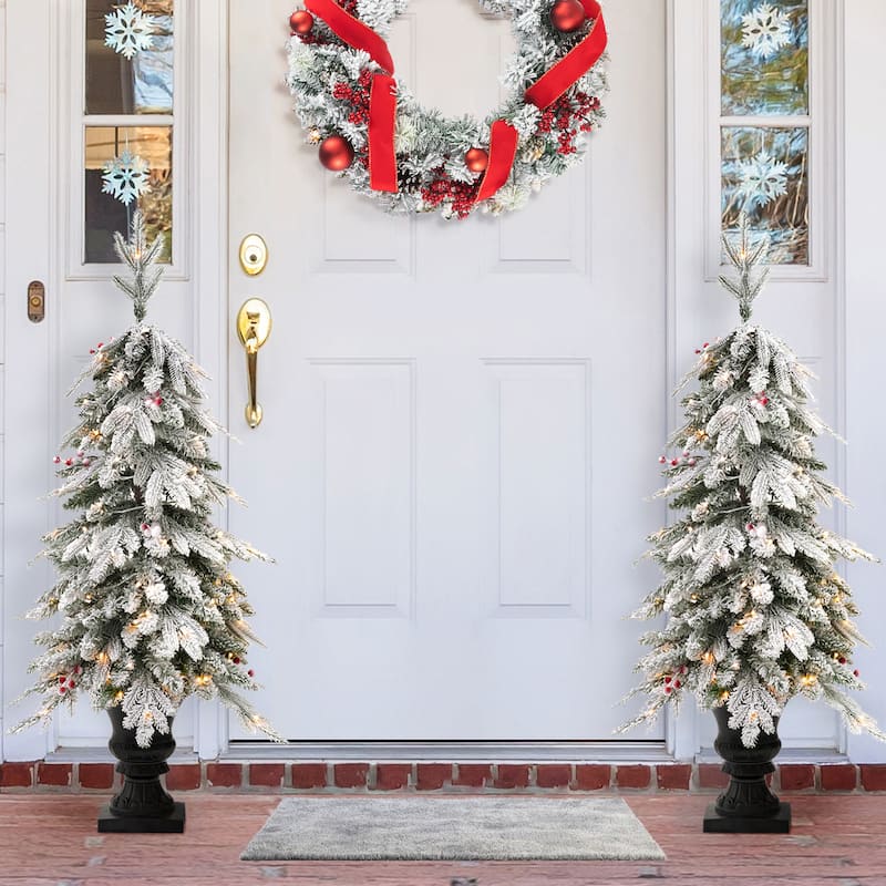 Glitzhome 4FT/5FT Pre-Lit Flocked Fir Artificial Christmas Potted Porch Trees