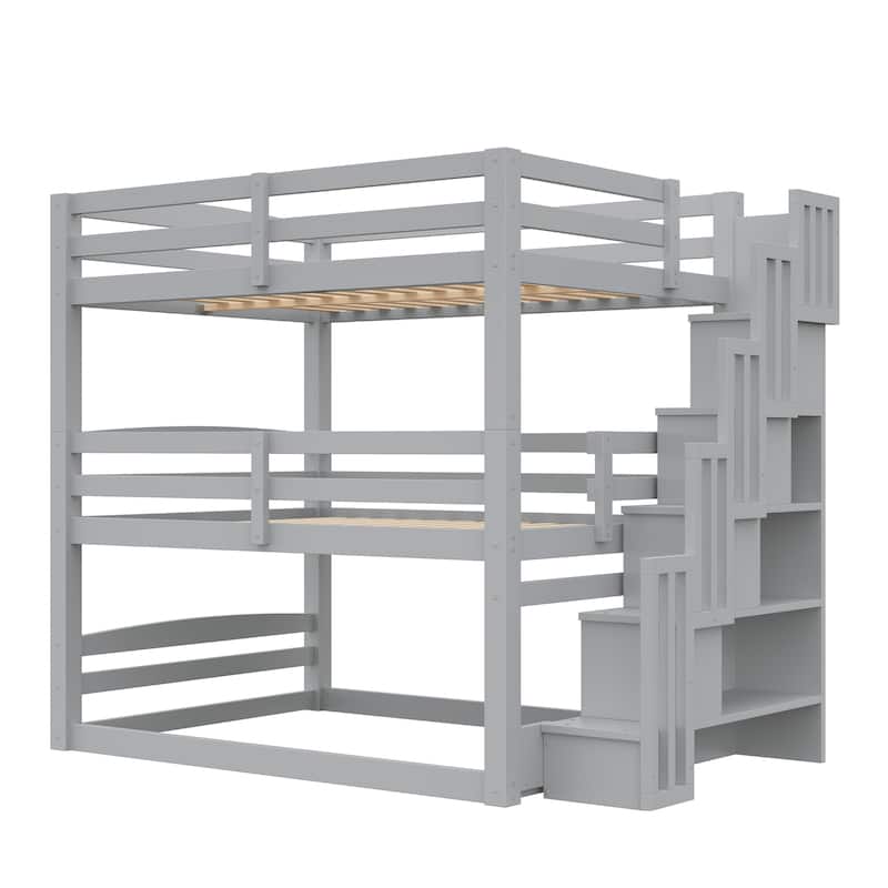 Full Size Triple Bunk Bed with Storage Staircase, Separate Design for Multiple Sleepers