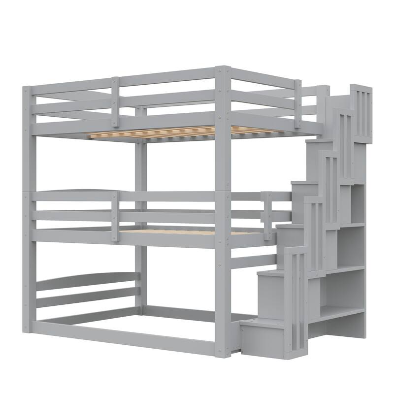 Triple Bunk Bed Twin Size Floor Bed with Storage Staircase
