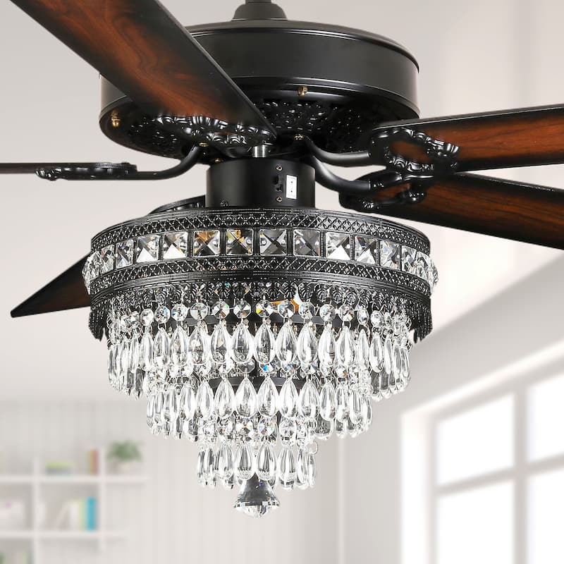 52" or 62" Crystal Ceiling Fan with Lights, Chandelier Ceiling Fans Lights with 6-Speed, APP Control, Dimmable, Timer - 52 Inches - Black