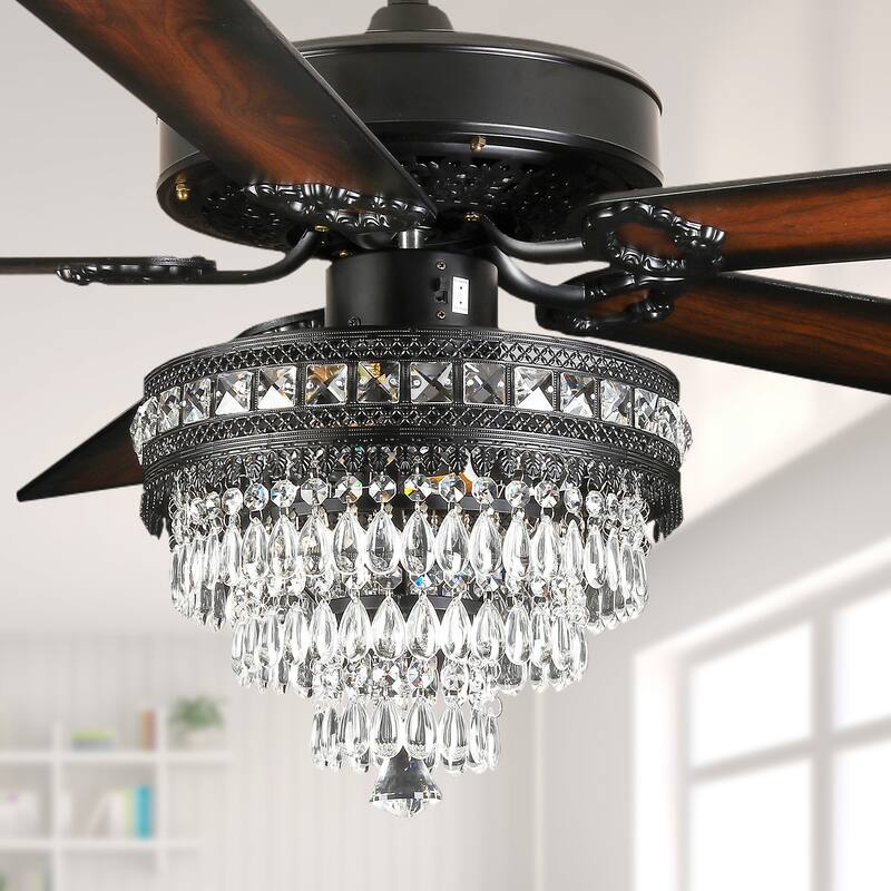 52 Inches Crystal Ceiling Fan Light,Chandelier,APP and Remote Control,5 Dual Side Plywood Blades,Reversible AC Motor - 52 Inches - Black
