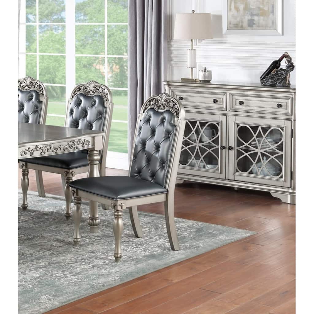 Set of 2 Side Chairs Grey / Silver Finish Rubberwood Dining Room Furniture Intricate Design Cushion Upholstered Seat Tufted Back