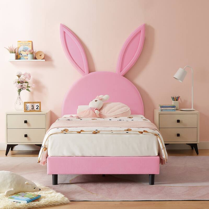 Javlergo Twin Size Kids Bed Frame with Cute Ears Velvet Headboar No Box Spring Required Bed Children's Bed