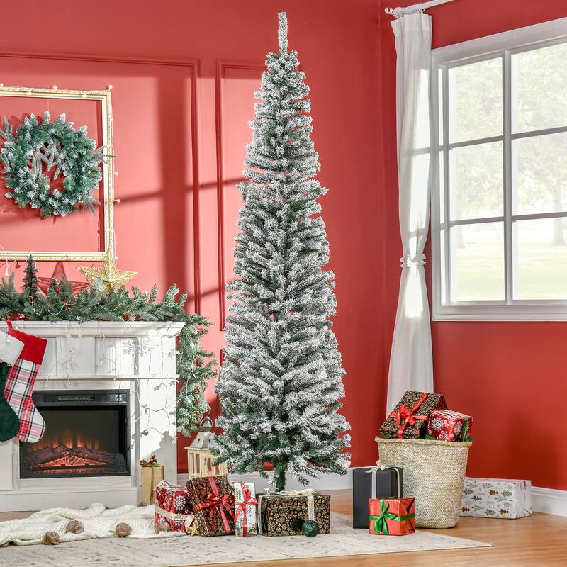 HOMCOM Unlit Snow-Flocked Slim Tree - Realistic Branches, Snowy Finish - Green